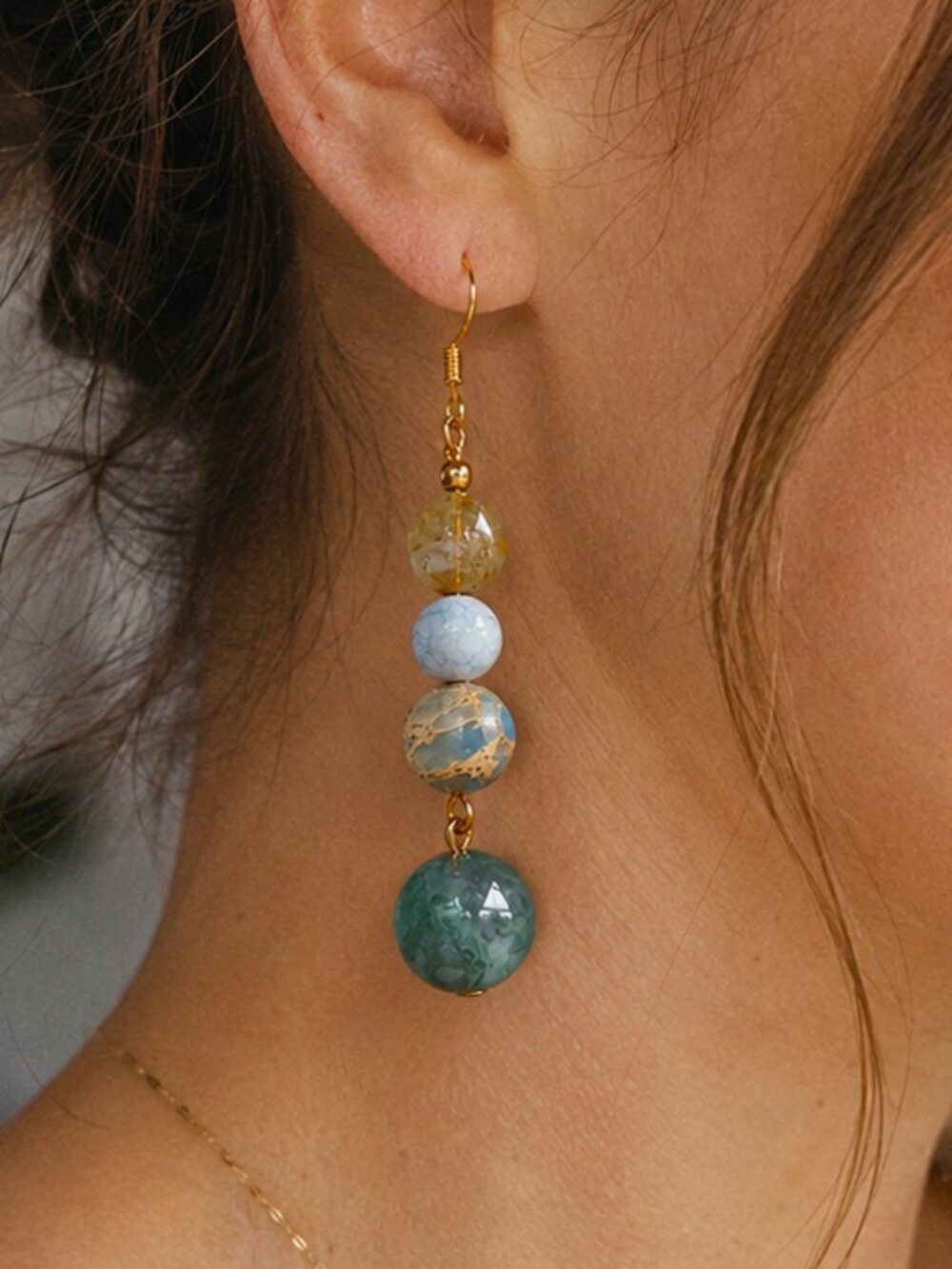 Green Agate & Imperial Stone Earrings – Boho Witchy Jewelry, Gold Plated Dangle